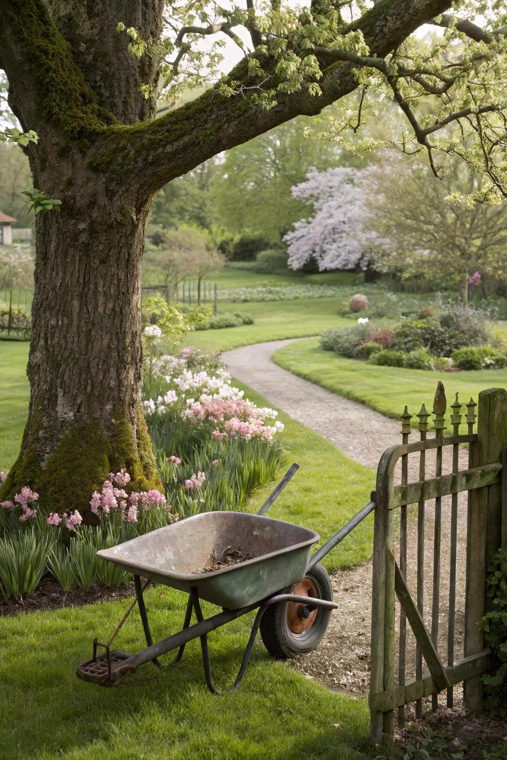 Leaning your wheelbarrow against a tree is a simple, natural storage method.