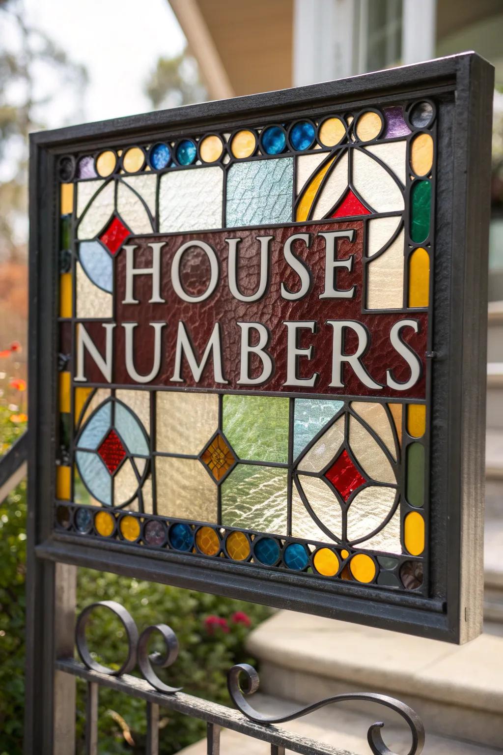 House numbers in a stained glass panel.