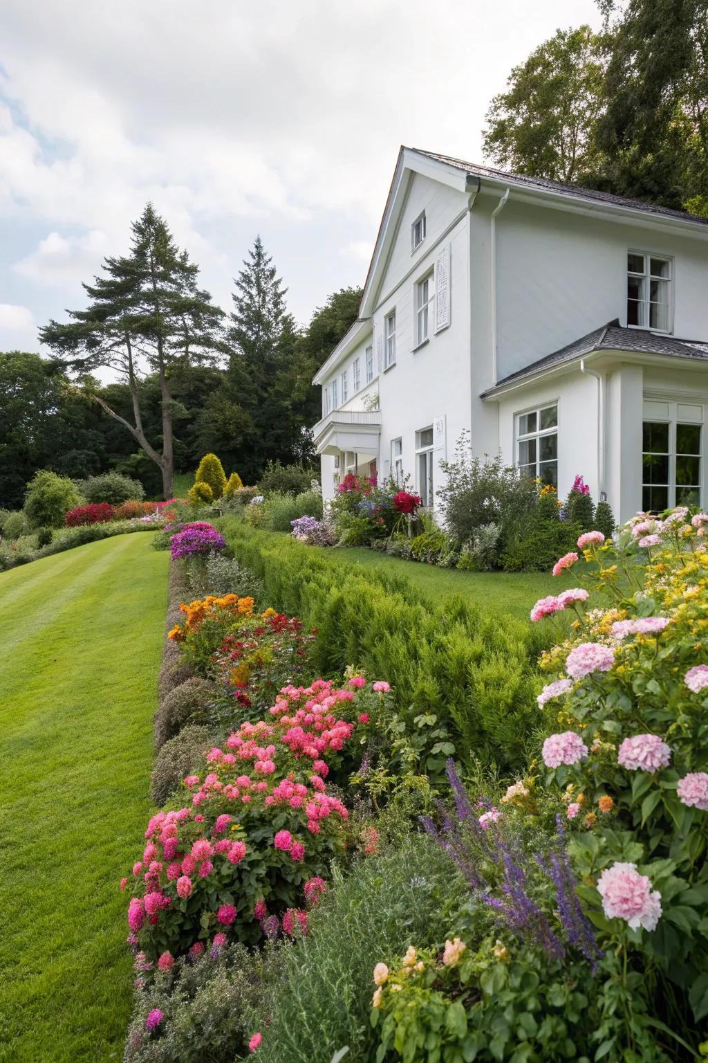 A white home accented with lush greenery, offering a refreshing and lively contrast.