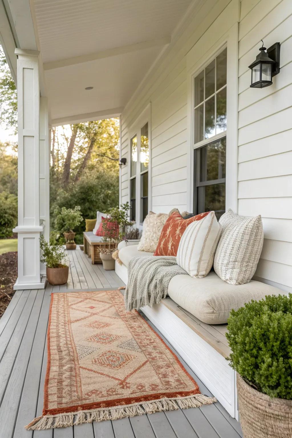 Textiles add comfort and warmth to a white house porch.