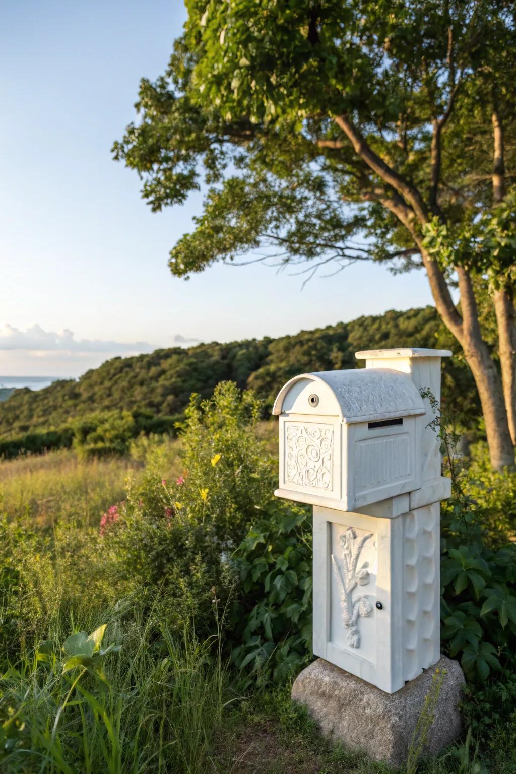 An eco-friendly white mailbox made from recycled materials complements the environment.