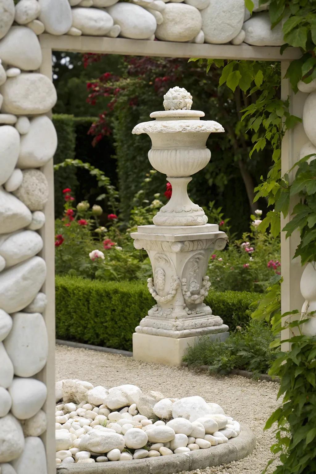 Highlight sculptures with white marble frames.