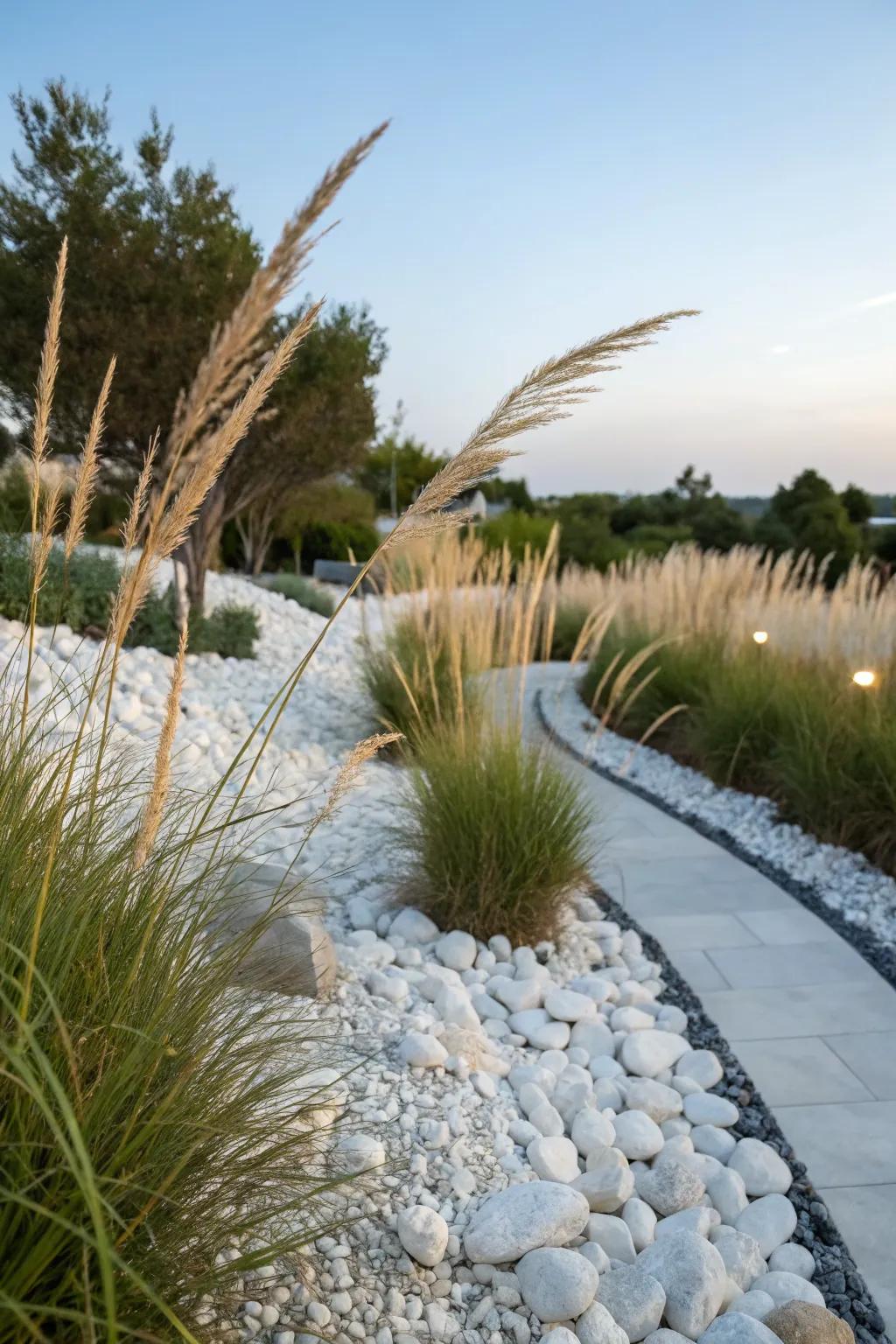 Ornamental grasses paired with white rocks for a dynamic landscape.