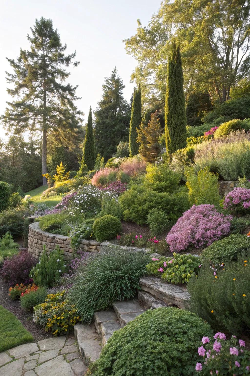 Layered planting adds depth to the wild garden.