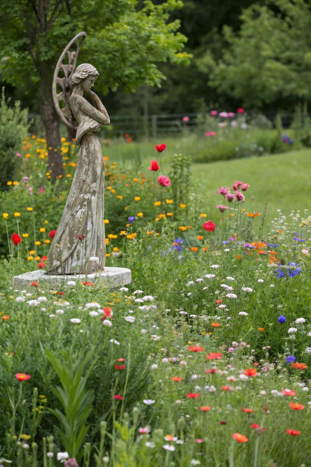 A stunning sculpture adds intrigue to the wildflower lawn.