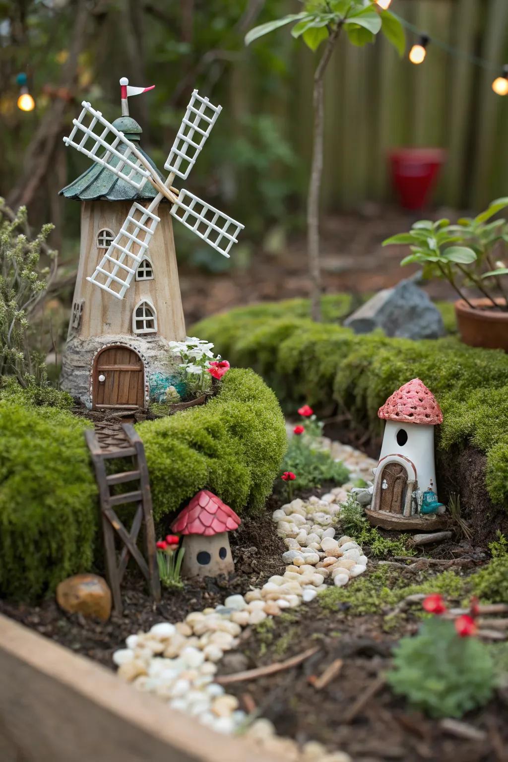 Whimsical fairy garden with tiny windmills.
