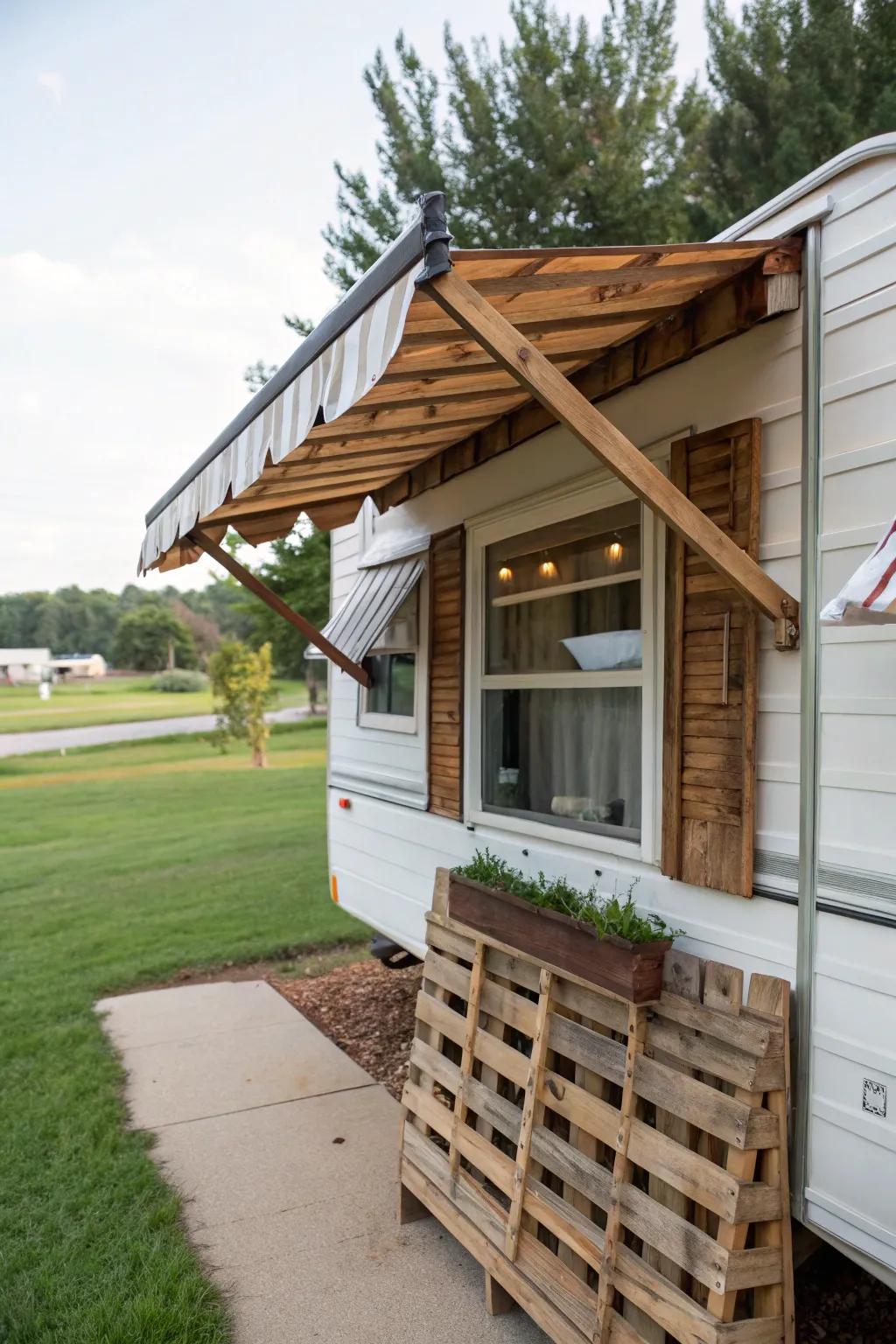 A recycled pallet awning providing a rustic, budget-friendly shade solution.