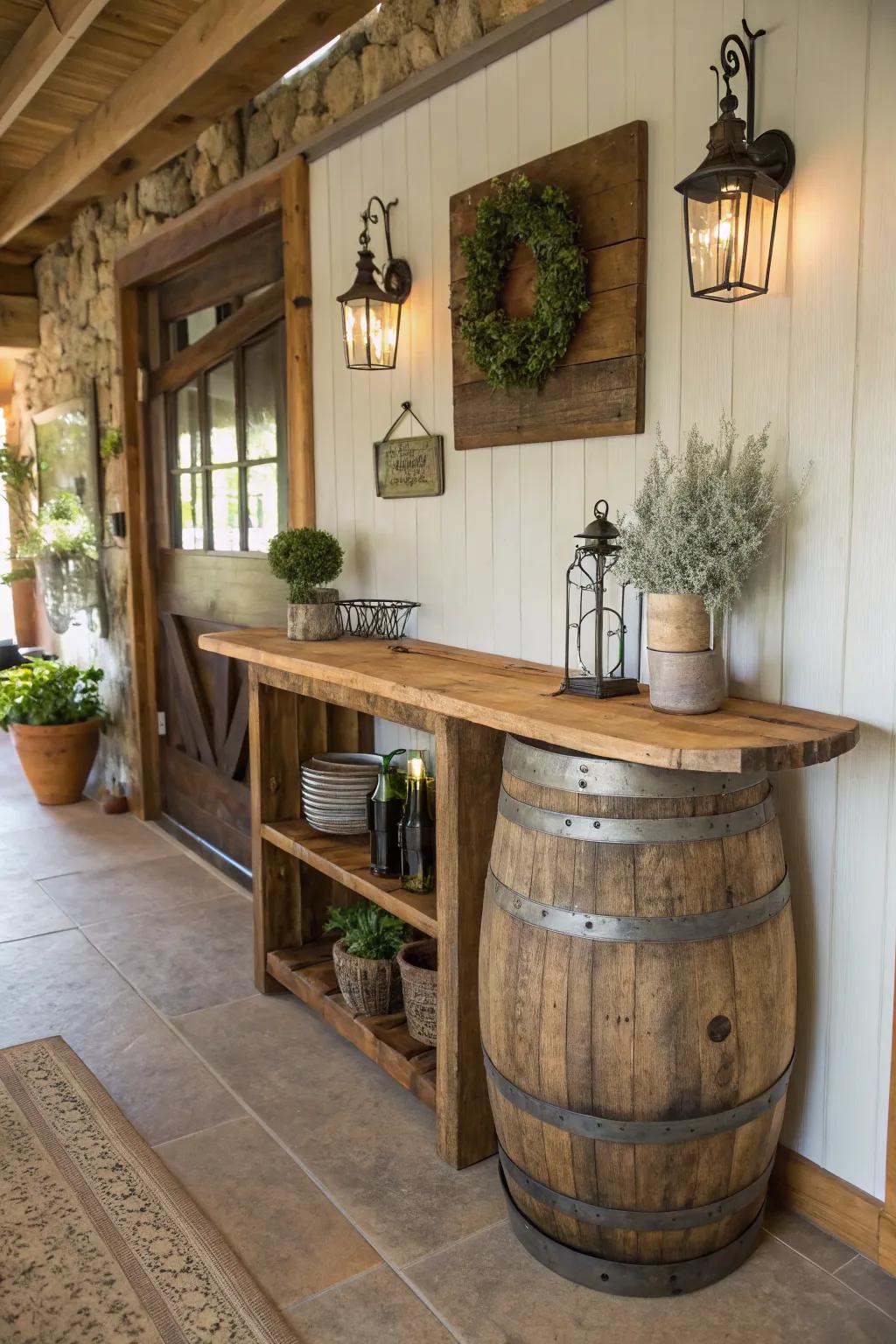 Welcome guests with a farmhouse-style wine barrel console.