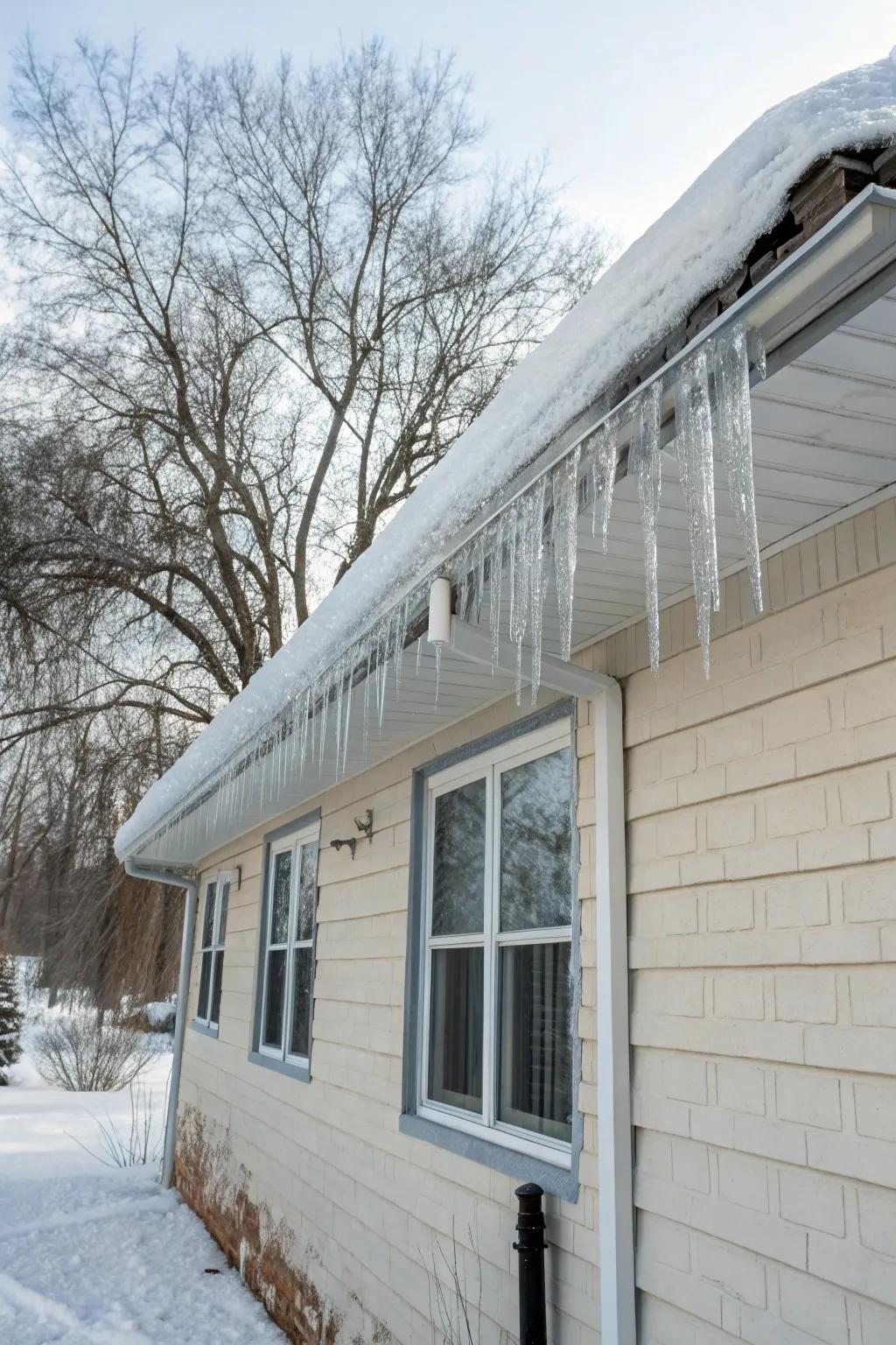 Well-maintained gutters free from icicles and snow buildup.