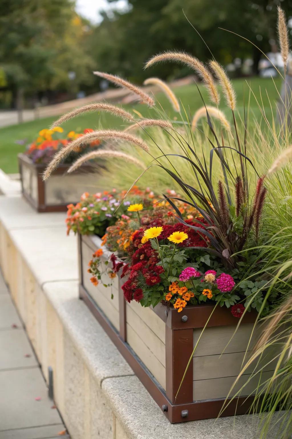 Ornamental grasses add height and elegance to winter boxes.