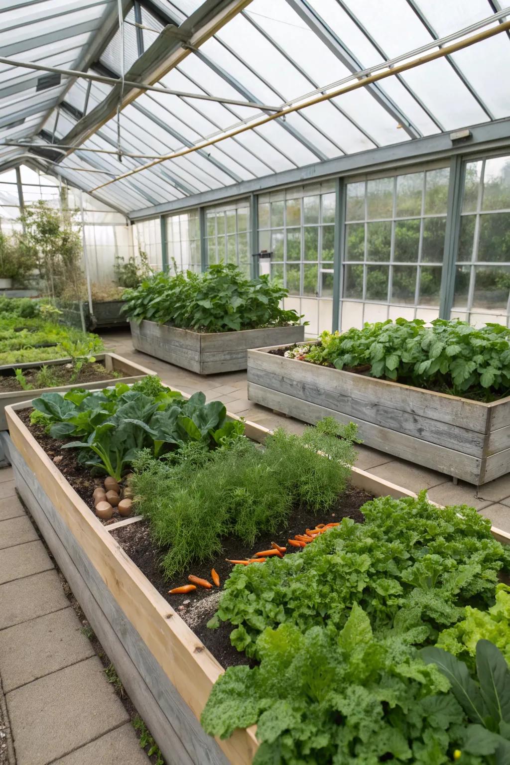 Raised beds enhancing plant growth in winter.