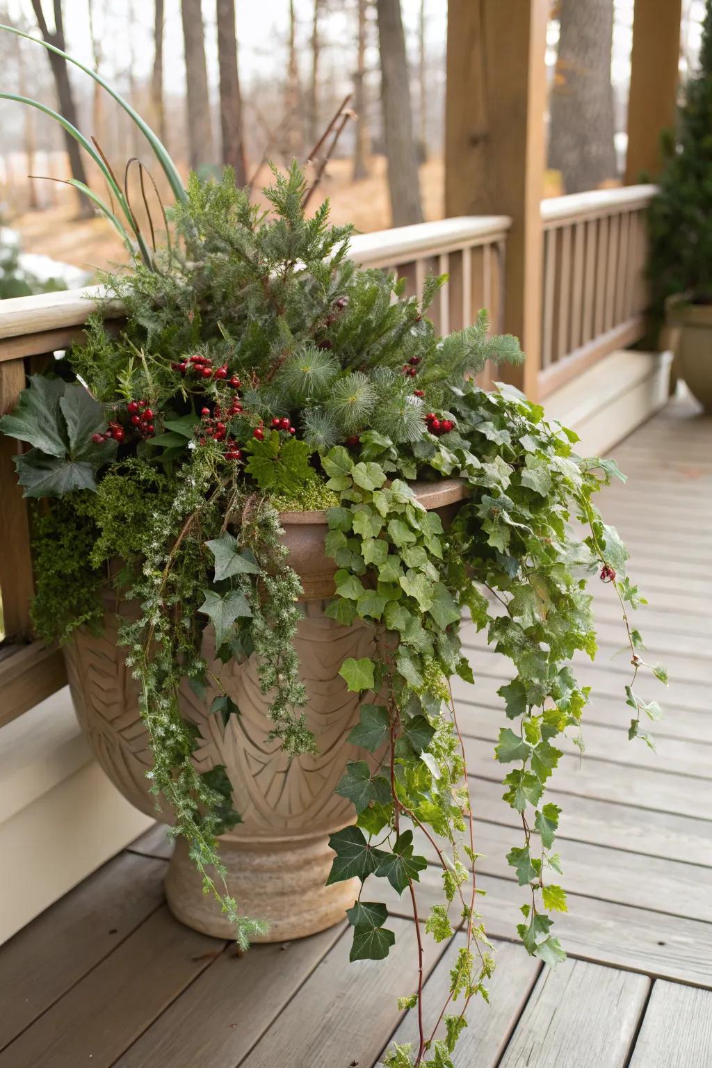Ivy adds softness and elegance to a winter porch.