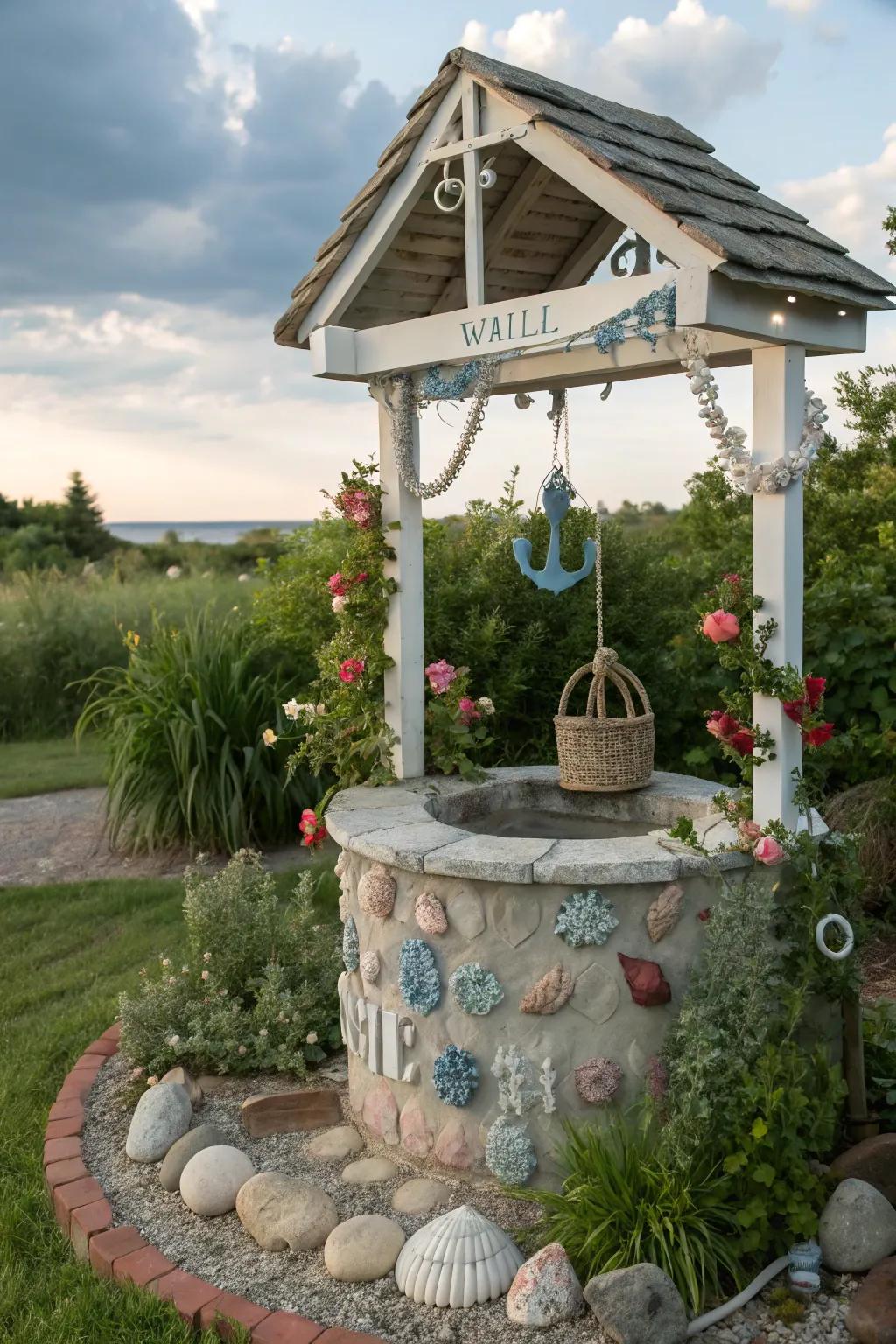 A thematic garden nook featuring a wishing well with nautical accents.