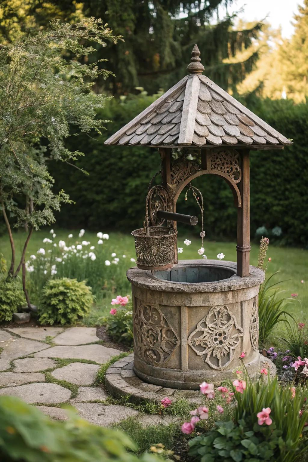 DIY wishing wells add personal charm to gardens.
