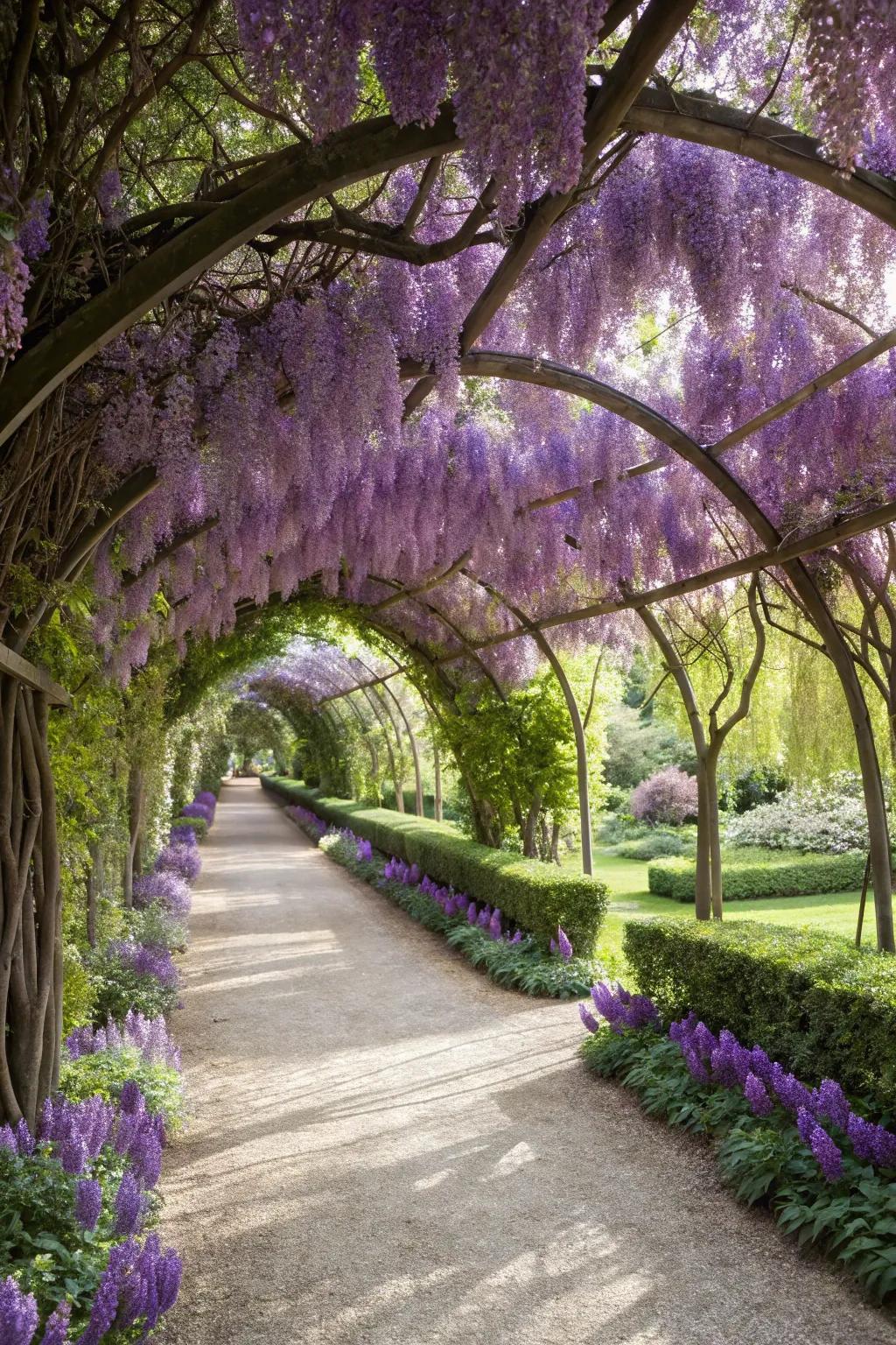 A garden path transformed into a magical wisteria tunnel.
