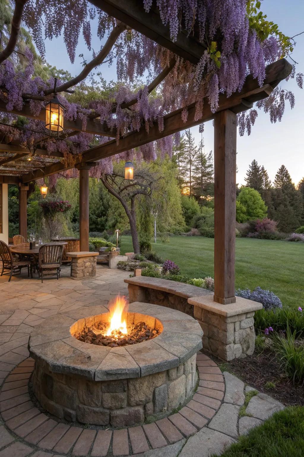 A cozy fire pit setting enhanced by the embrace of wisteria.