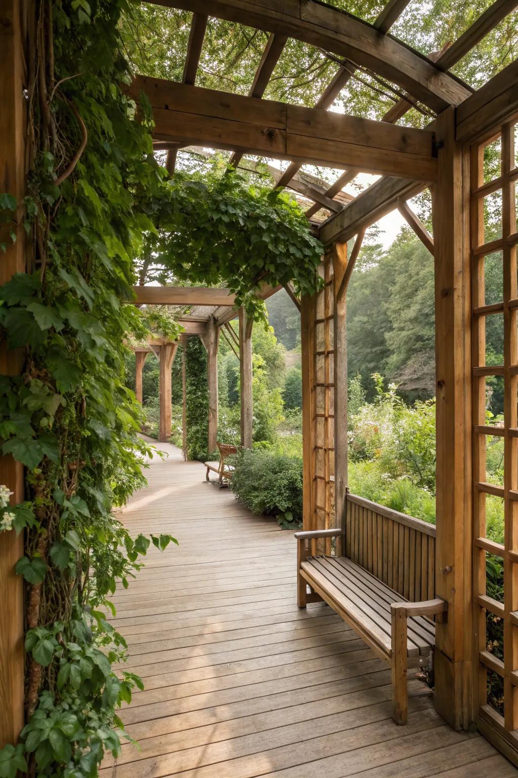 Garden room defined by wooden arbors, creating a private oasis.