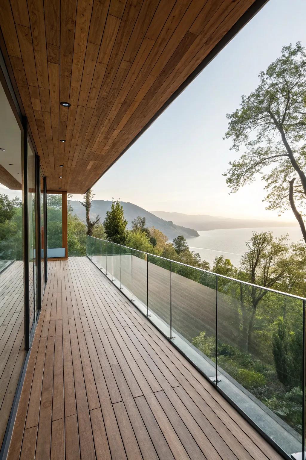 Achieve a seamless look with glass and wood on your balcony.