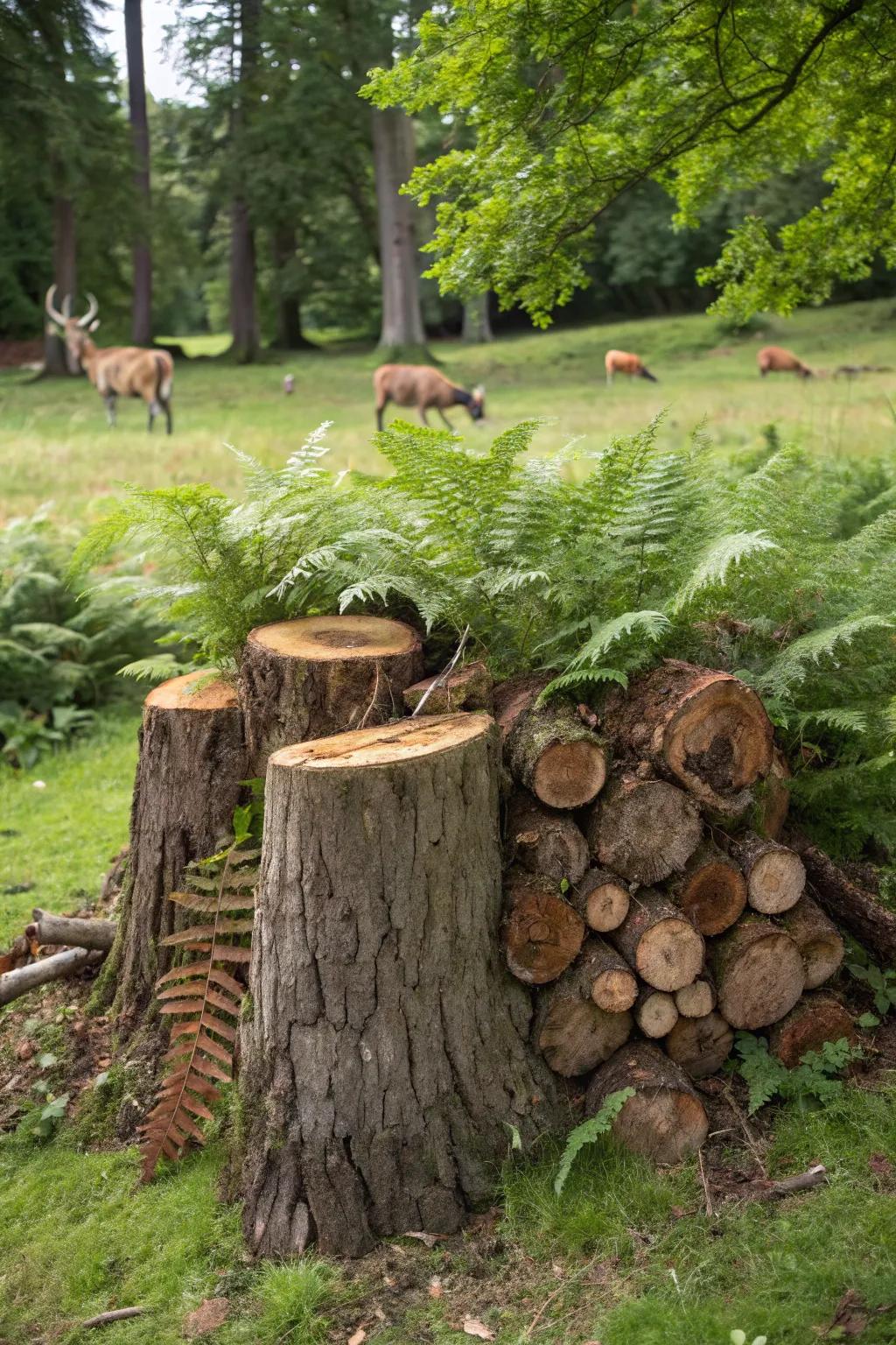 A wildlife-friendly stumpery with a woodland charm.