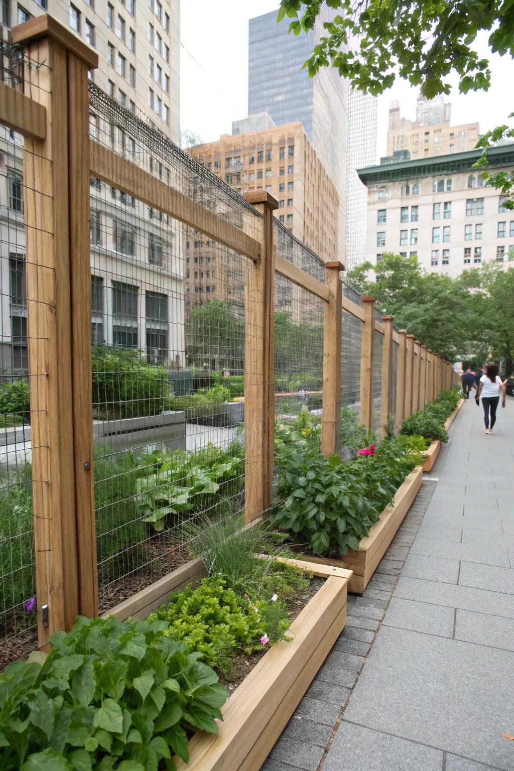 Chic wood and wire mesh fence creating an urban oasis.