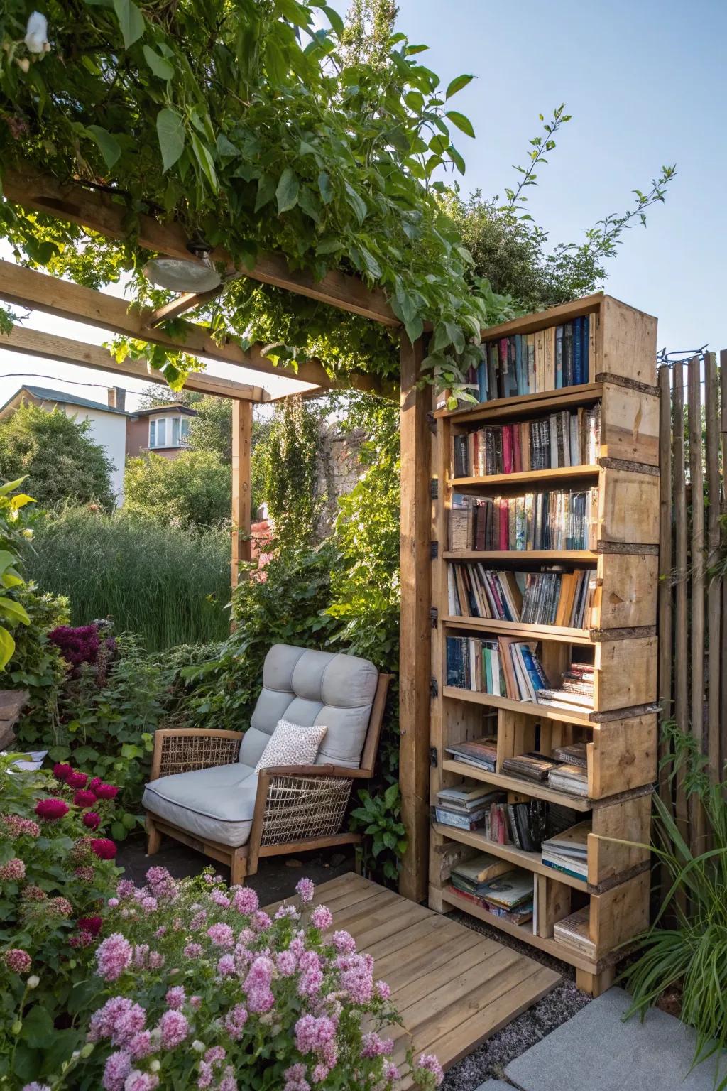 Relax and read with a pallet bookshelf in your garden.