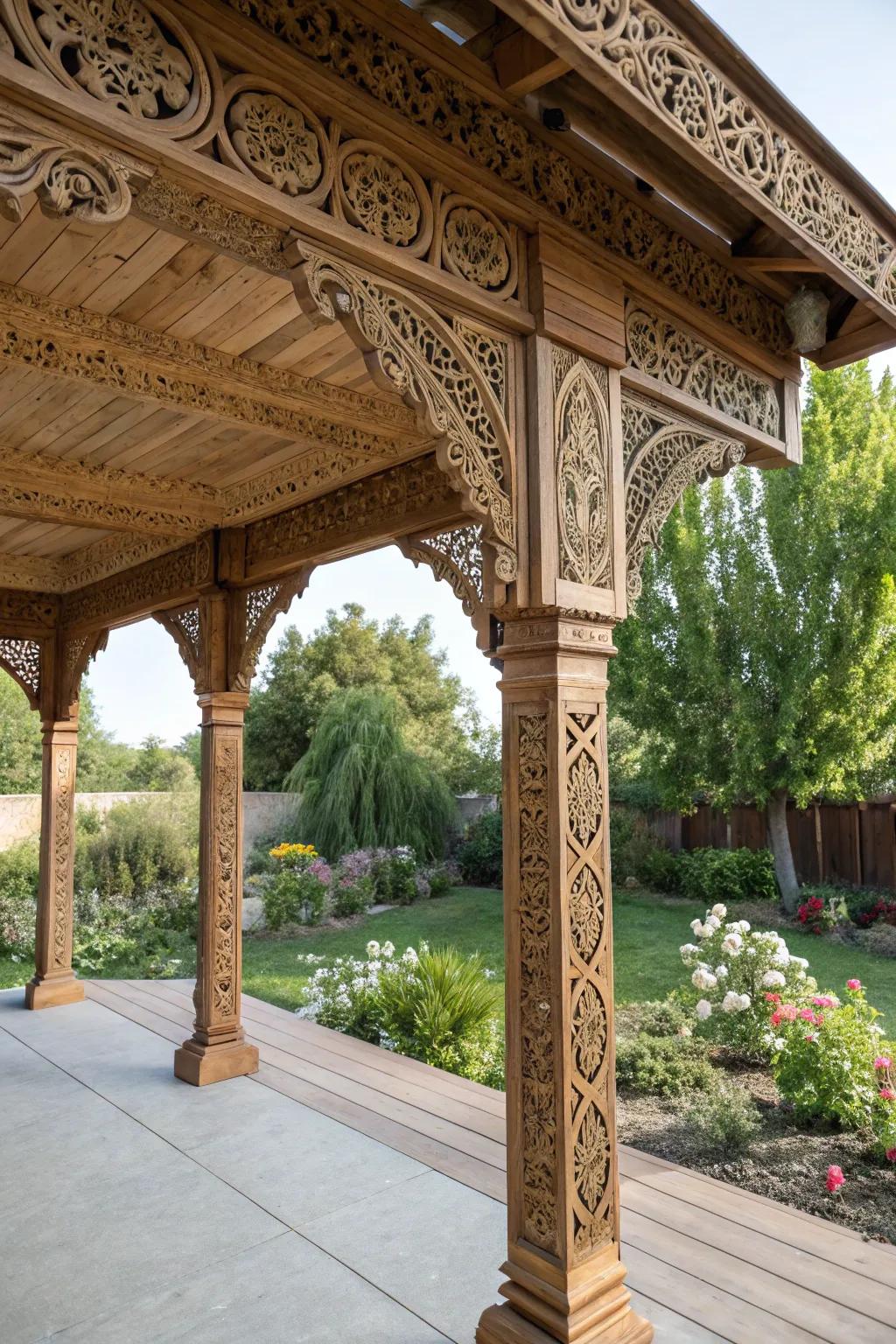 Artistic carvings add a personal and unique touch to wood patio covers.