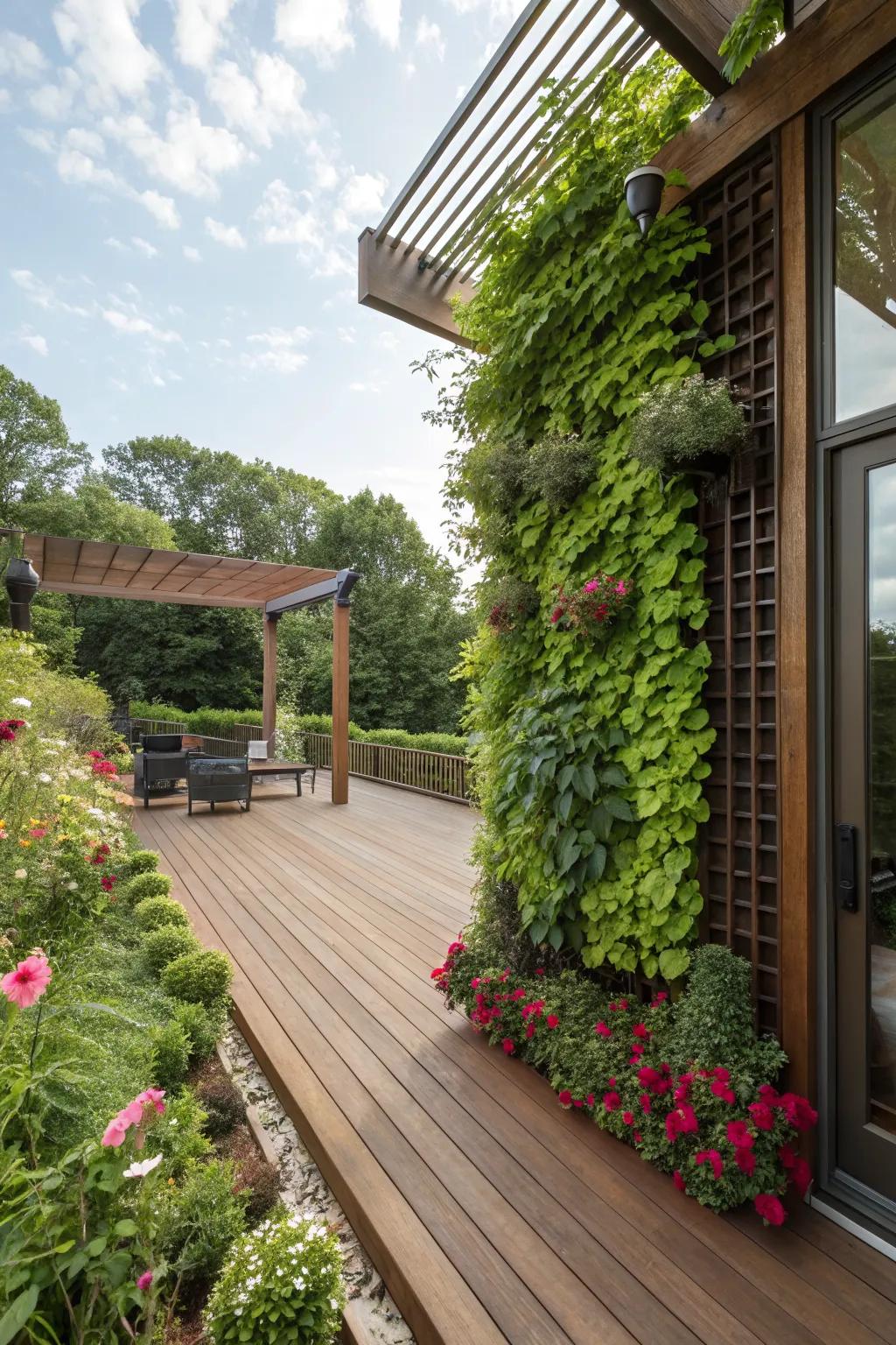 A wooden patio deck featuring a vibrant living wall.