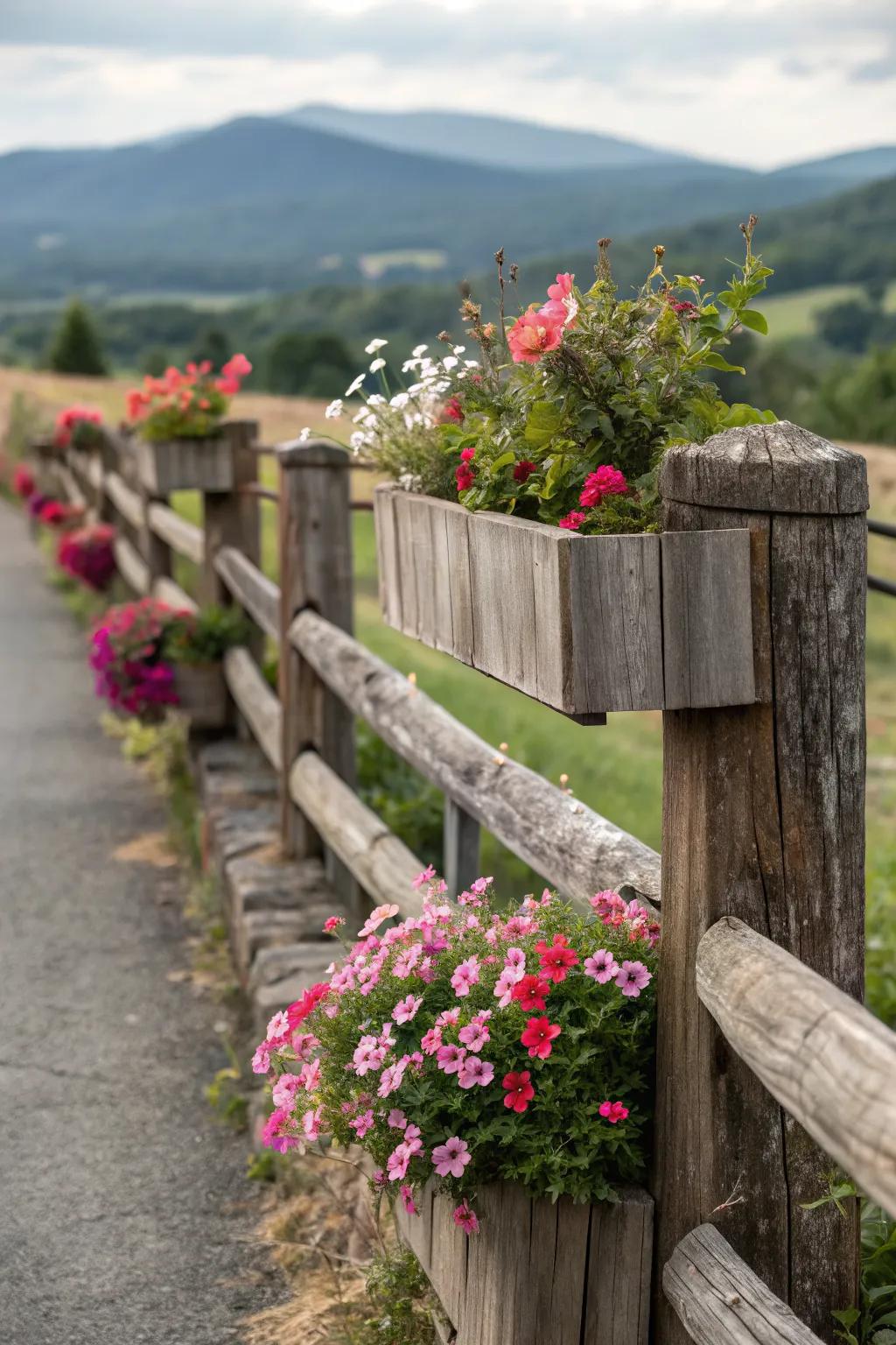 Integrated planters turn a fence into a living garden.