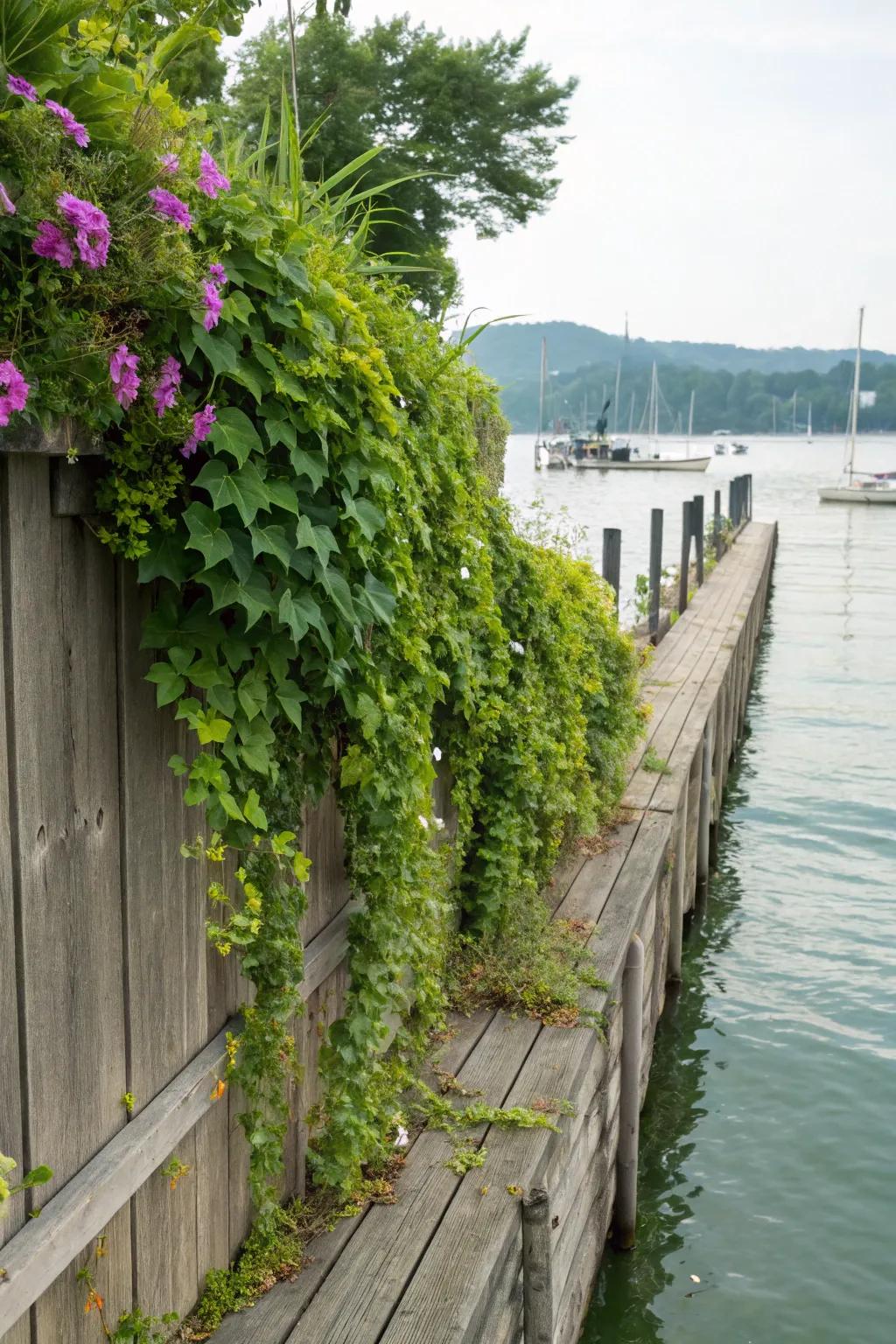 A green wall of climbing plants enhances this eco-friendly seawall.