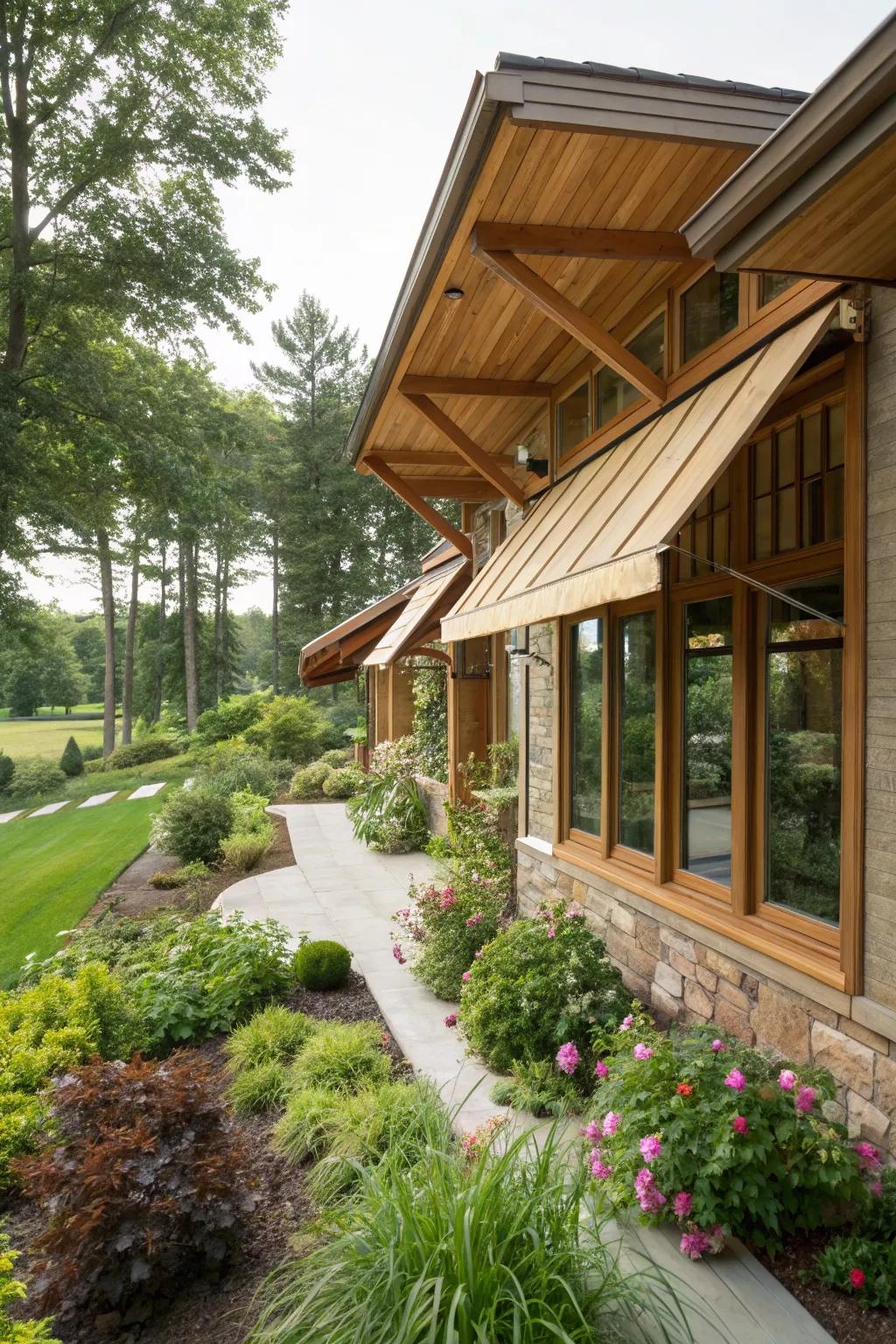 Eco-friendly wood awnings offer sustainability with style.