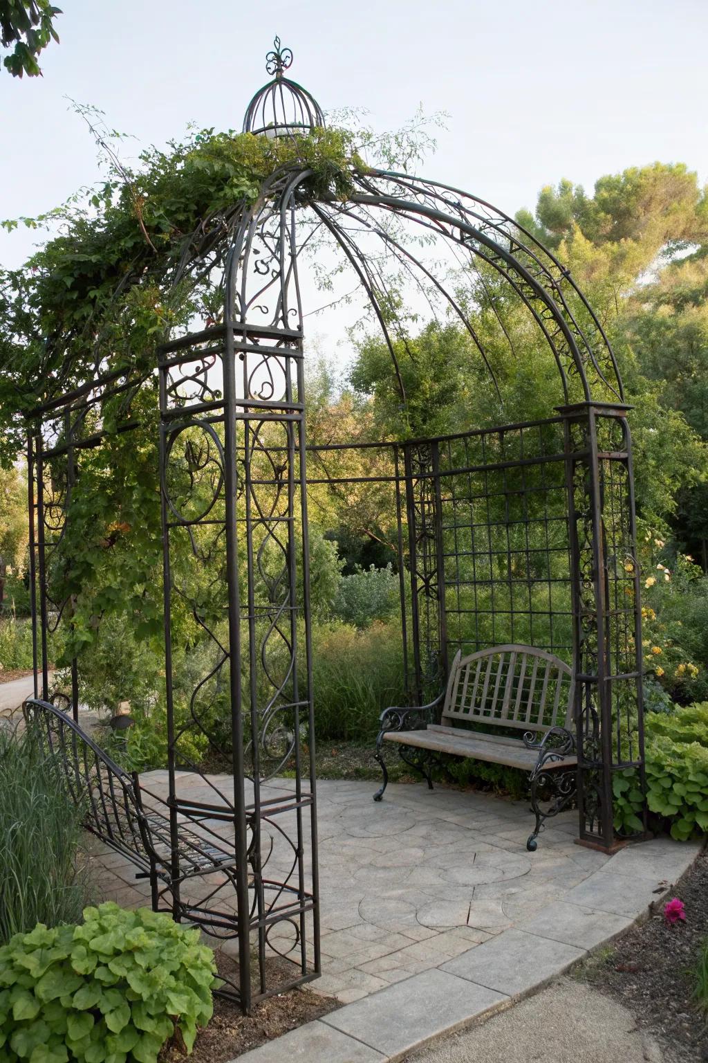 A trellis with built-in seating offers a cozy garden nook.