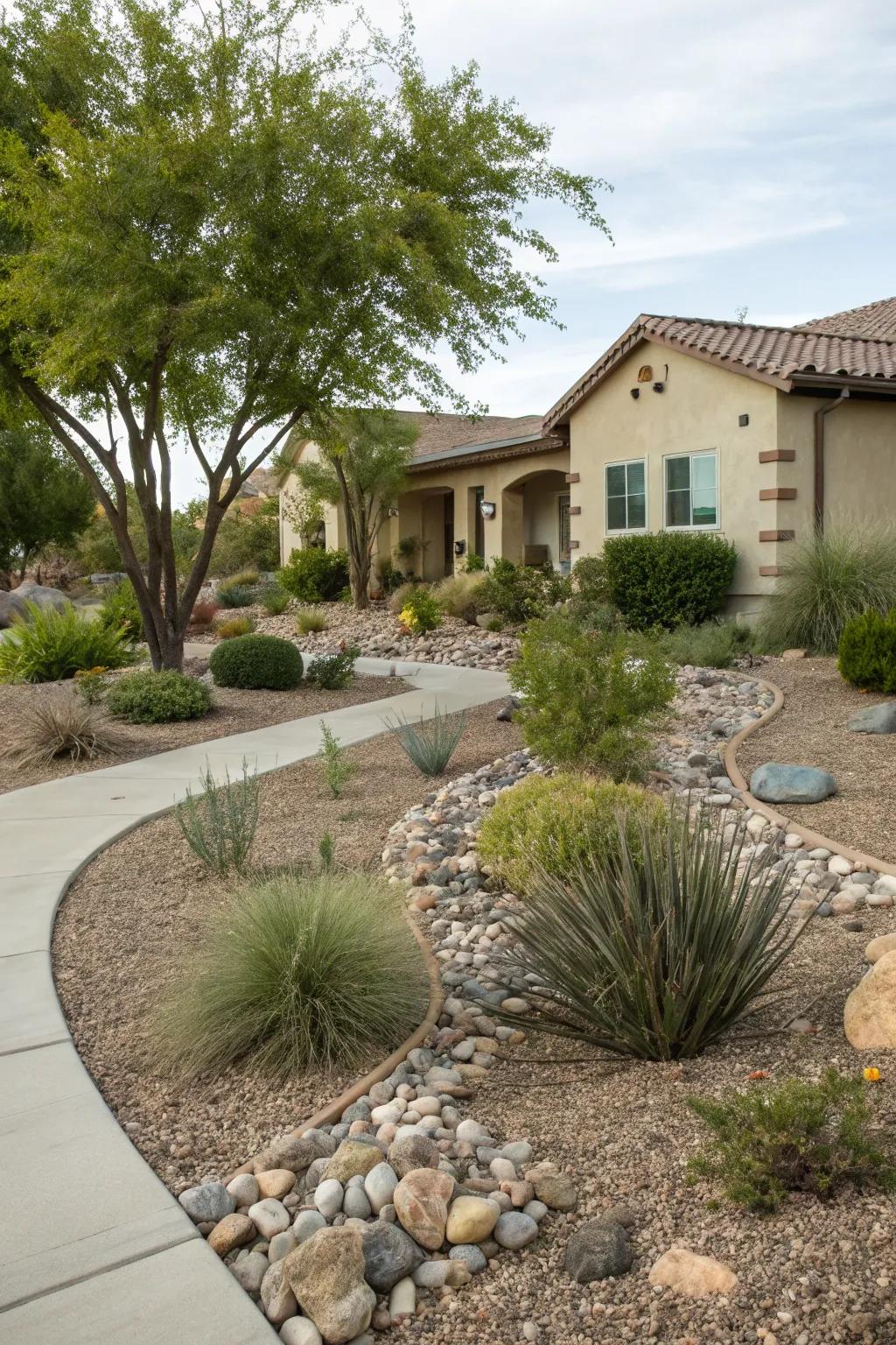 Gravel mulch and accent rocks in a xeriscape front yard.