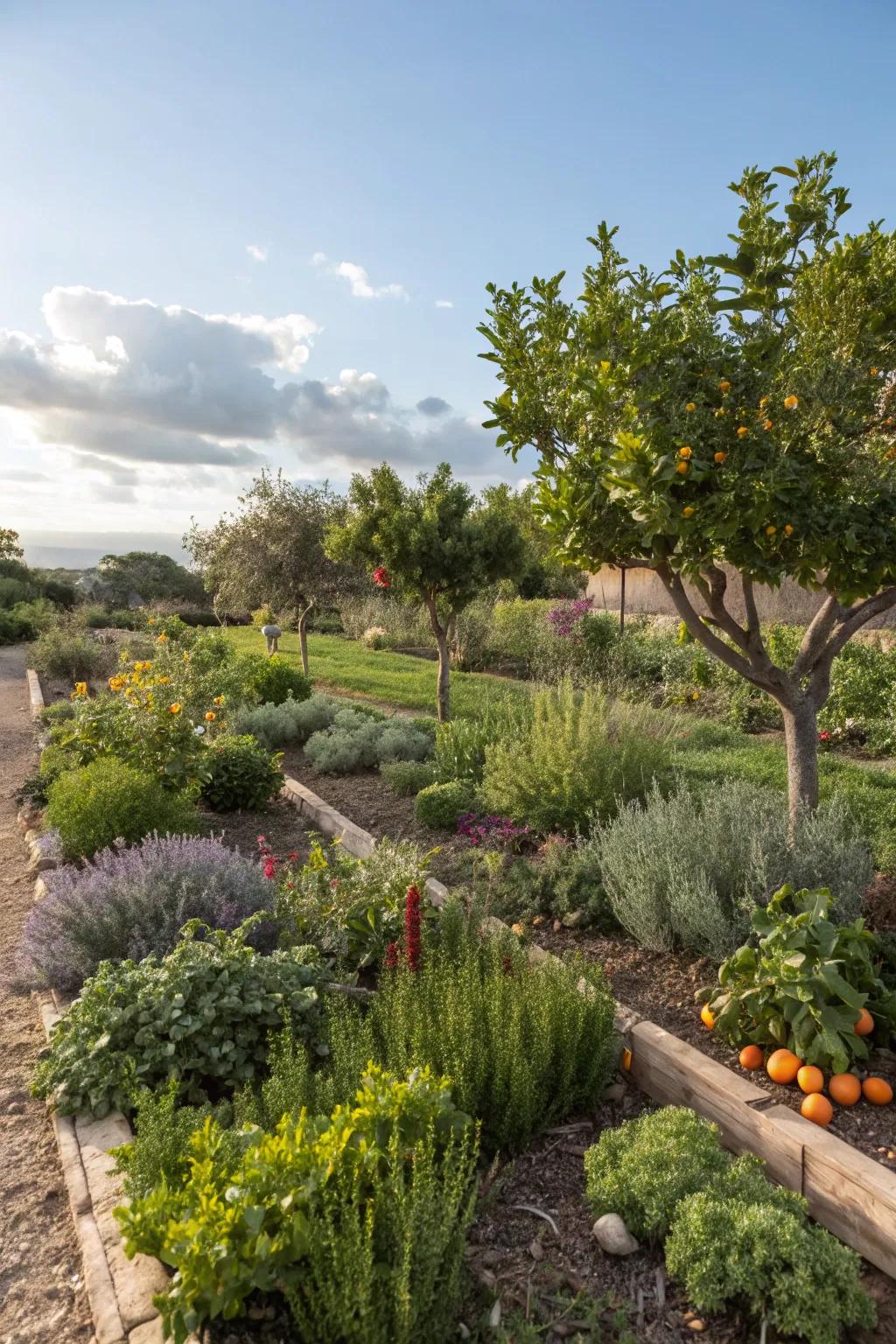 An edible xeriscape garden combining beauty and function.