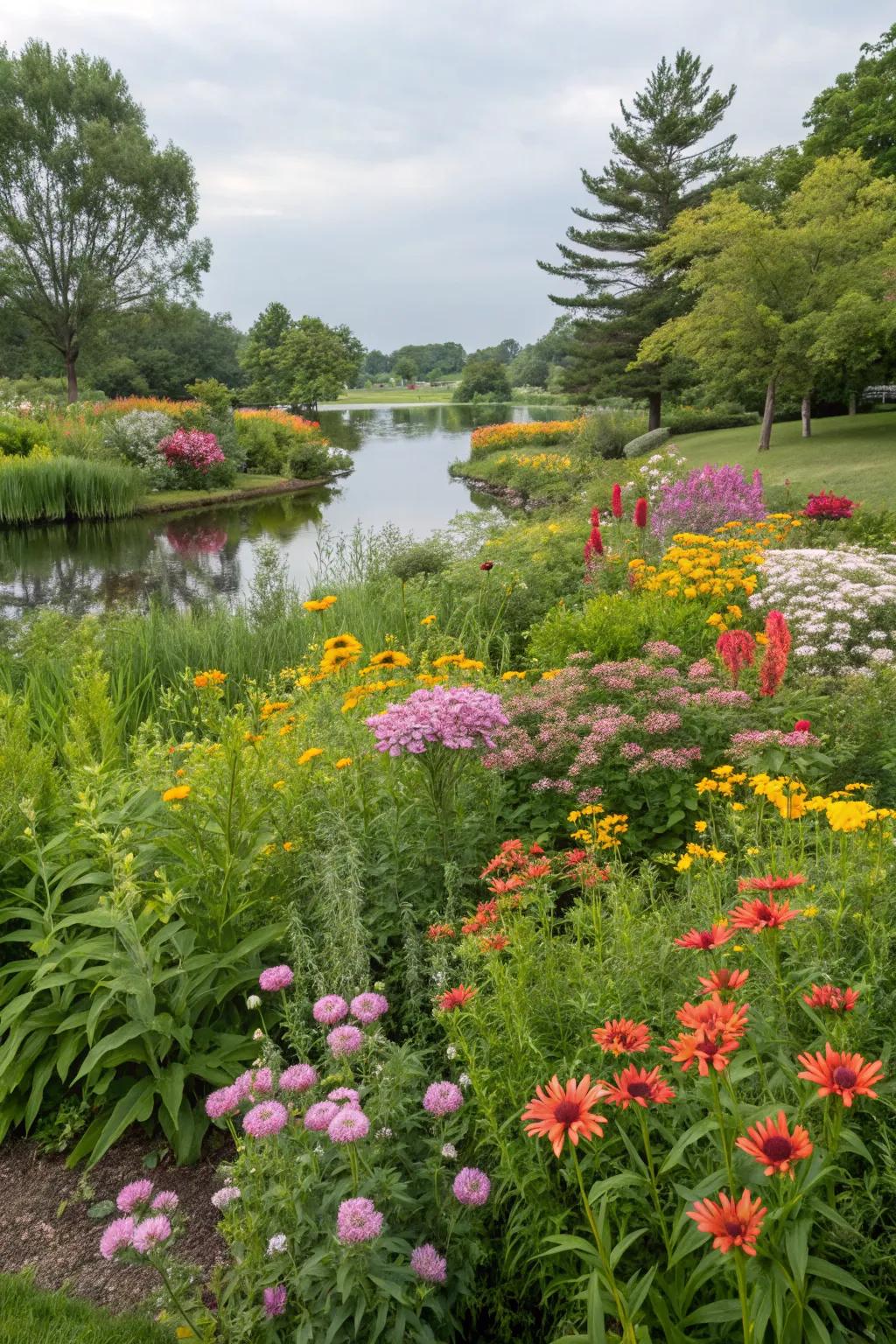 A wildflower garden island buzzing with color and life.