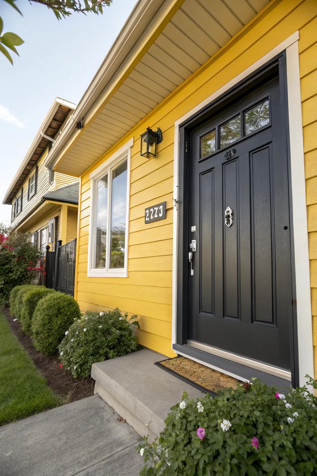 Charcoal doors offer sophisticated depth to yellow homes.