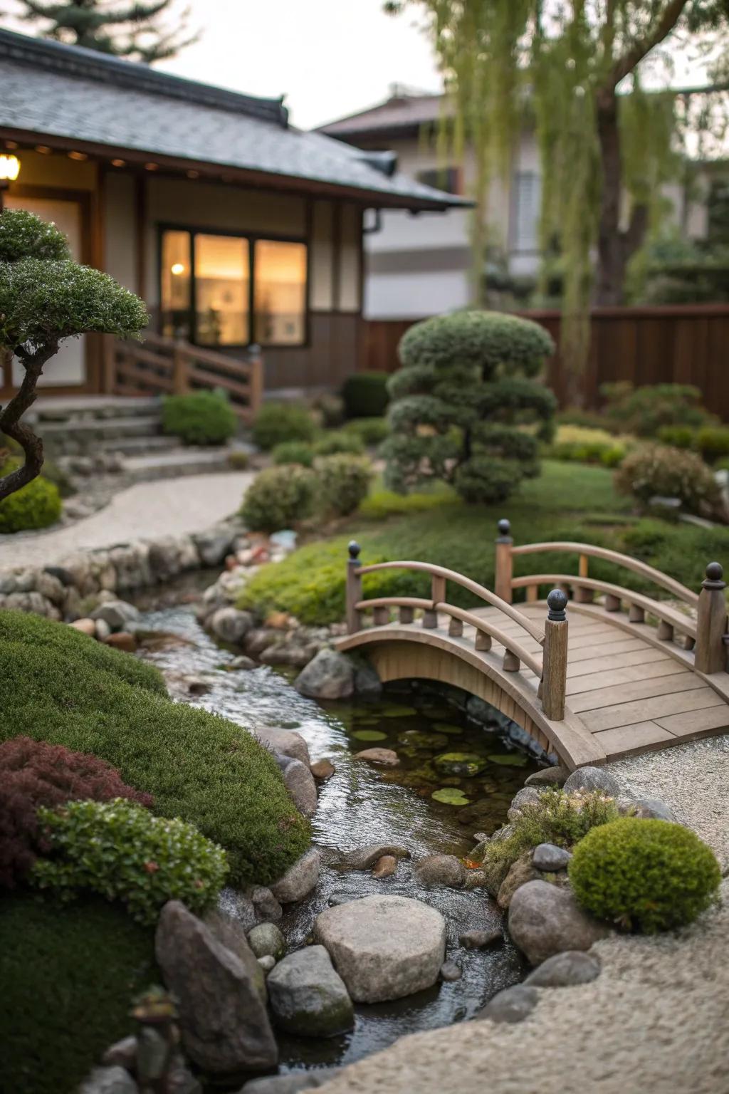 A miniature bridge adds charm and intrigue.