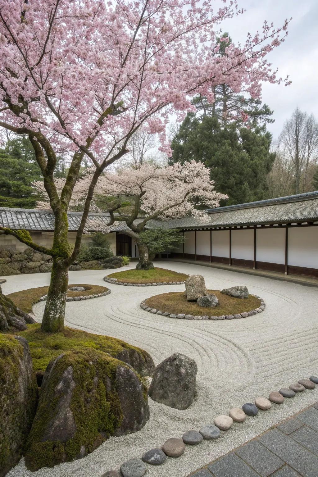 A cherry blossom tree adds seasonal beauty to a zen garden.