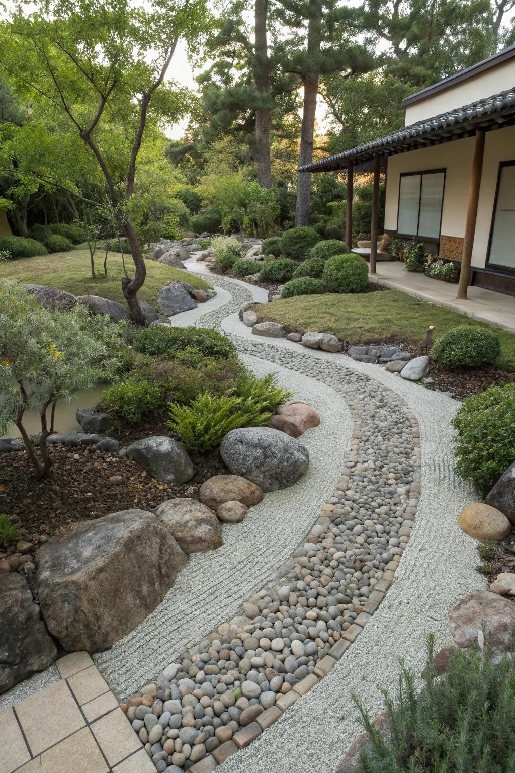 A dry creek bed adds the illusion of flowing movement.