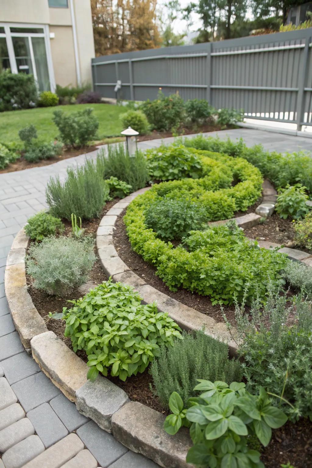 Herb spirals optimize space and accessibility.
