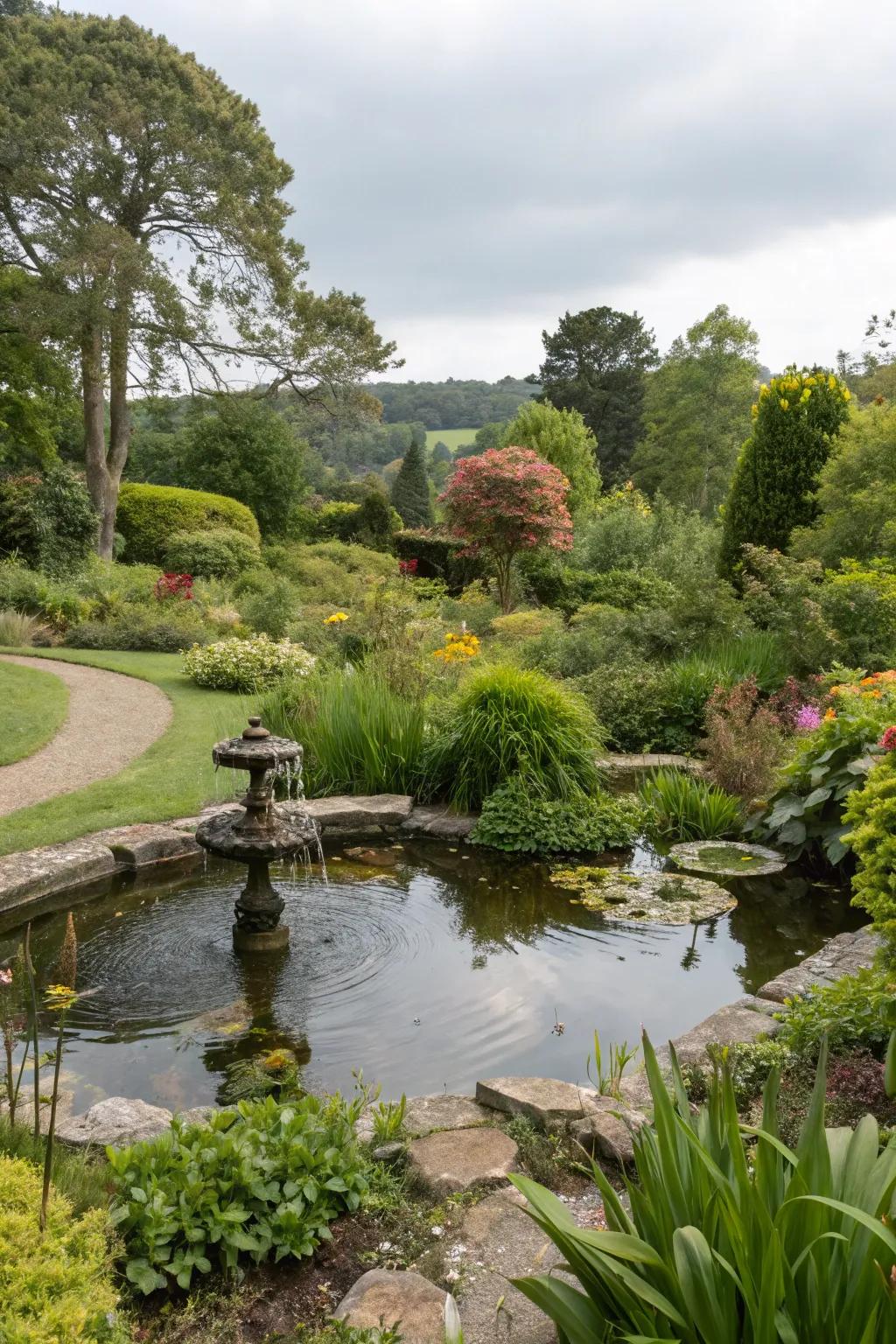 A water feature adds tranquility and attracts charming wildlife.