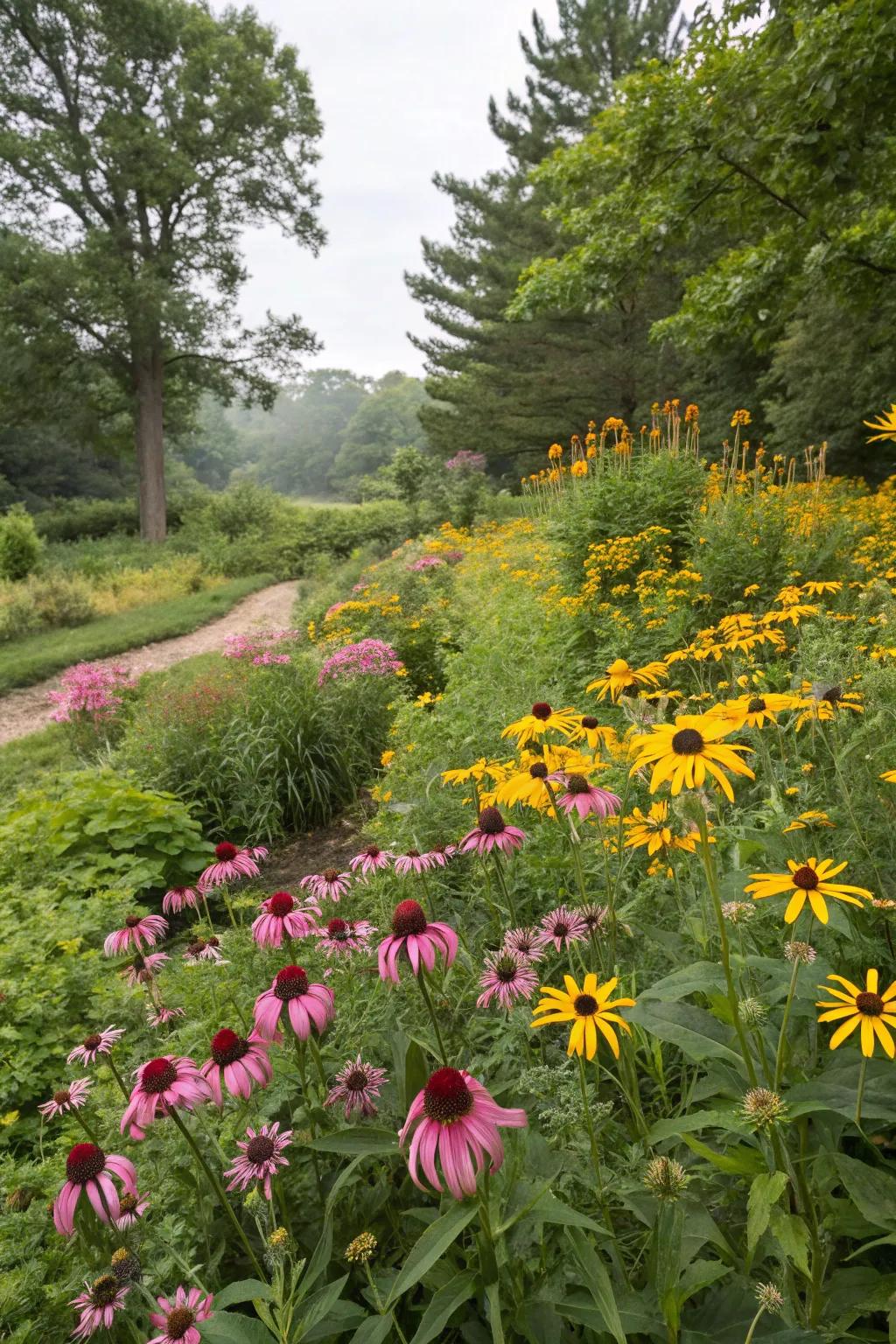 Effortless beauty with native plants like coneflowers in zone 8b.