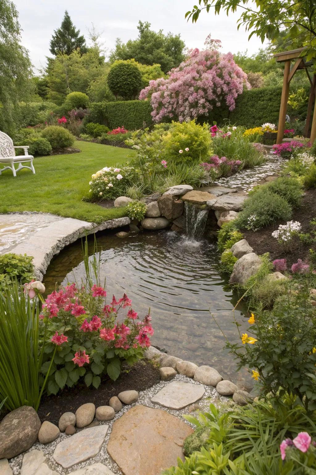 A garden with a water feature adding a soothing ambiance.
