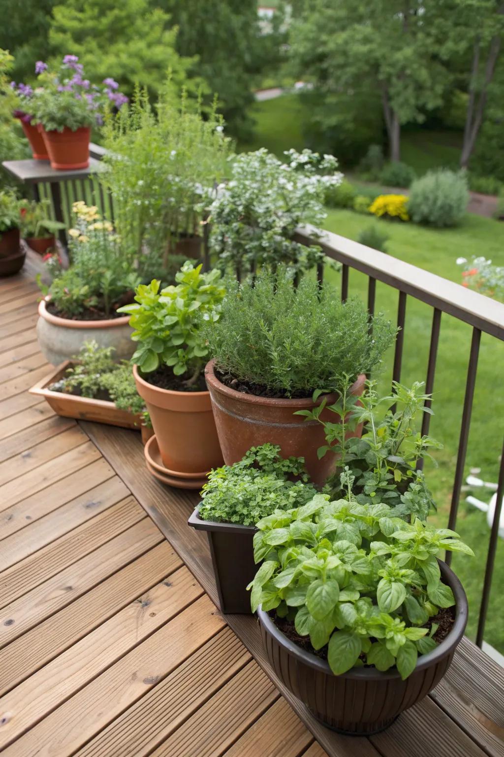A vibrant herb garden on a 20x20 deck.