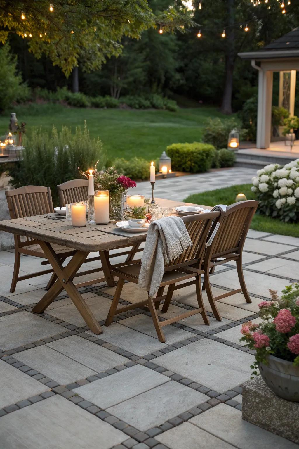 Dining al fresco on a beautiful concrete paver patio.