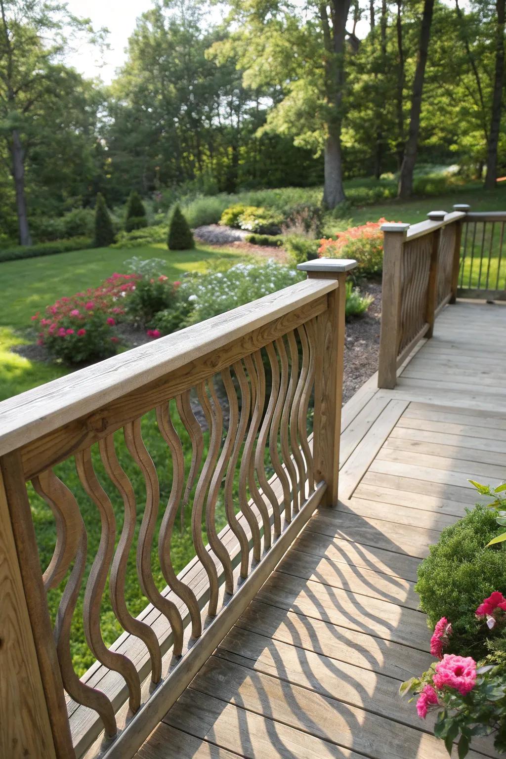 Wavy 2x6 wood patterns create a playful and unique deck railing.