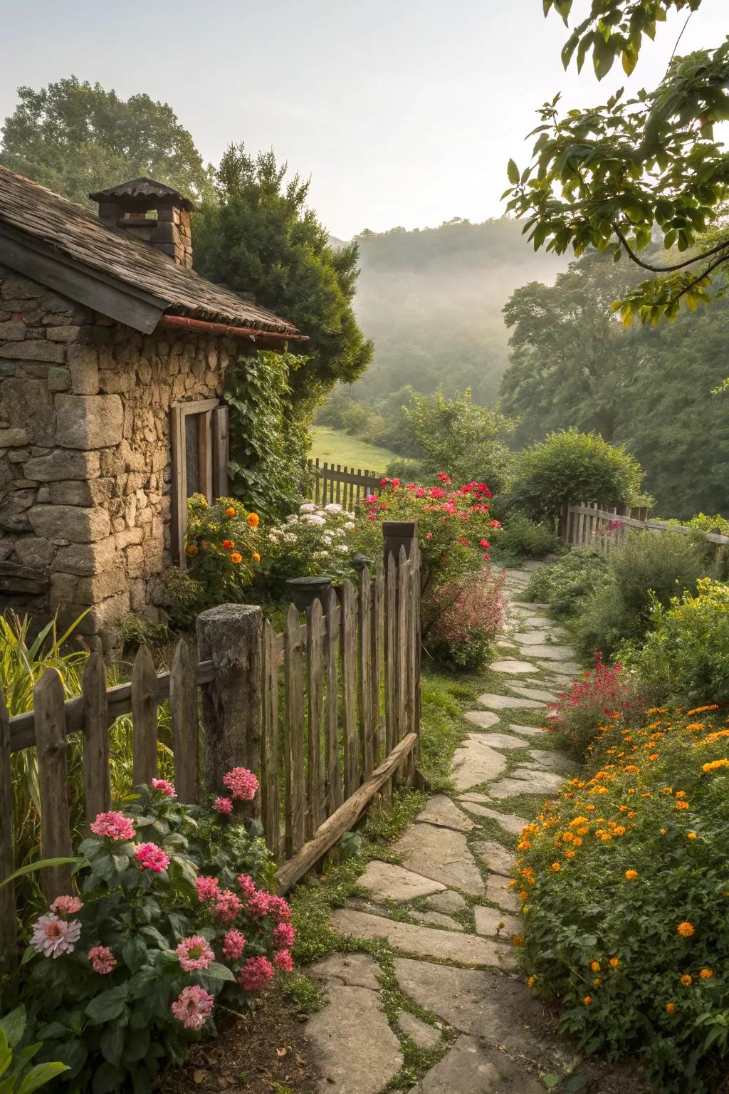 Stone and wood mix for rustic charm.