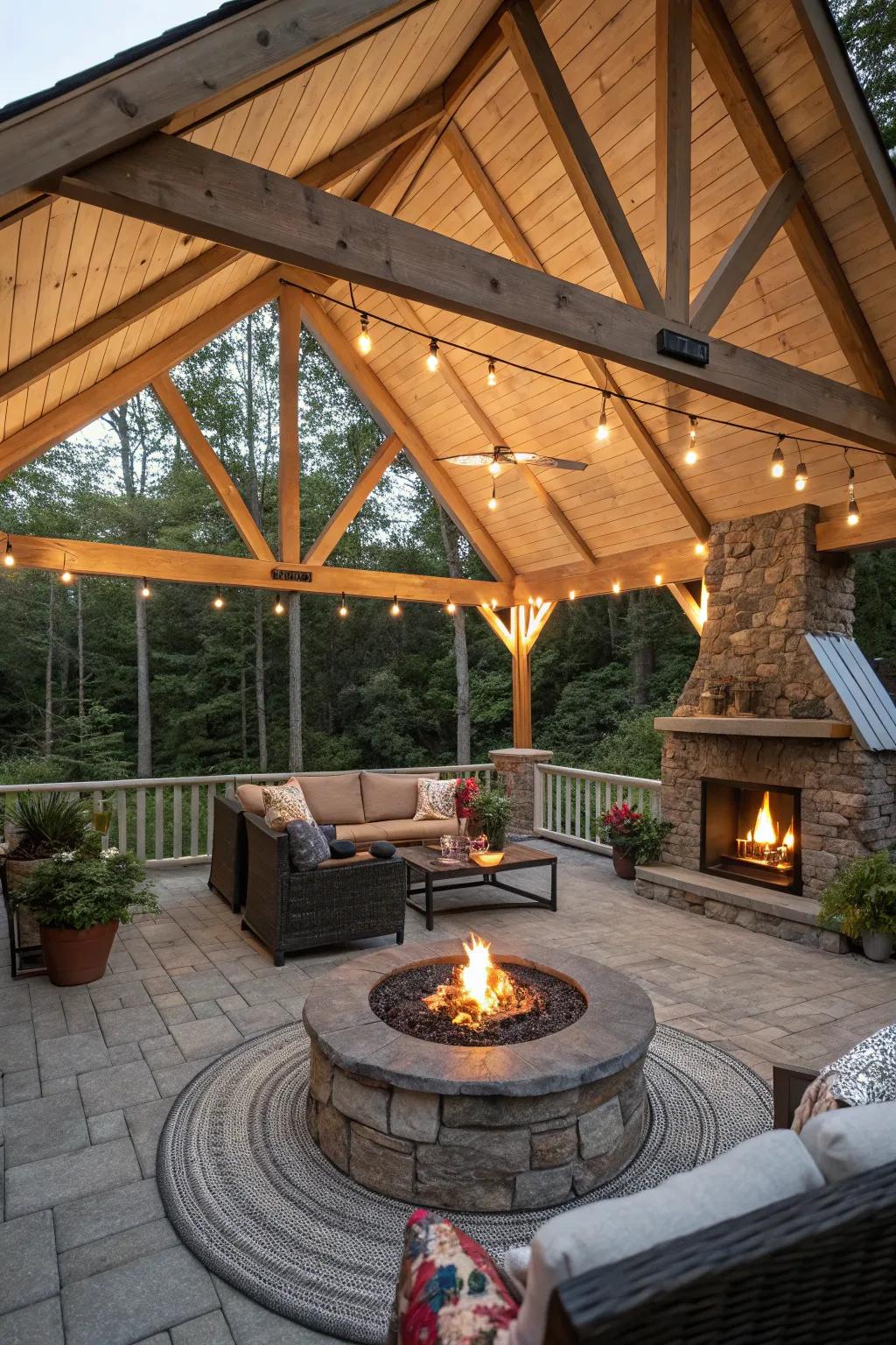 A fire pit adds warmth and a focal point for gatherings.