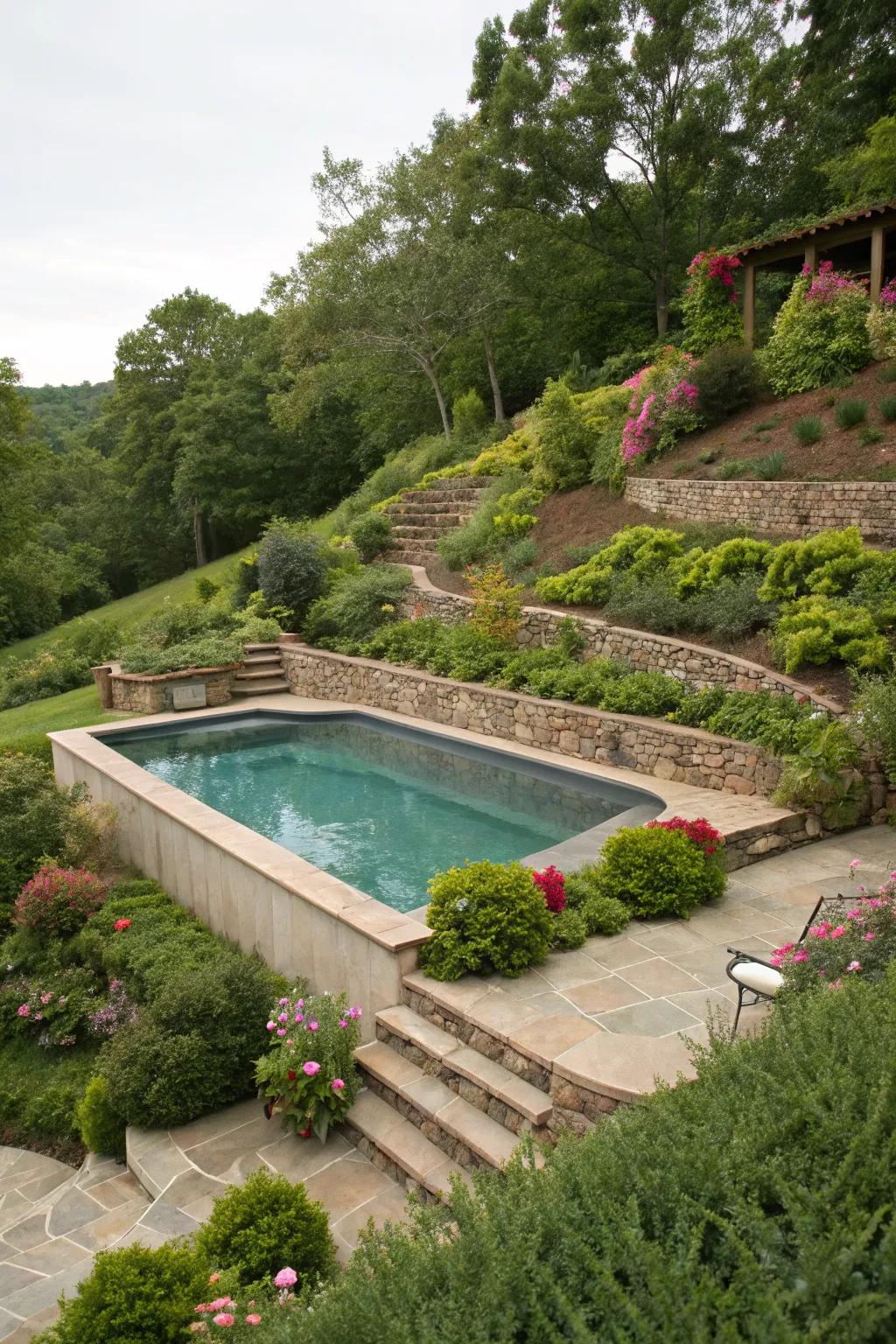 Terraced landscaping utilizes natural slopes for a dynamic effect.