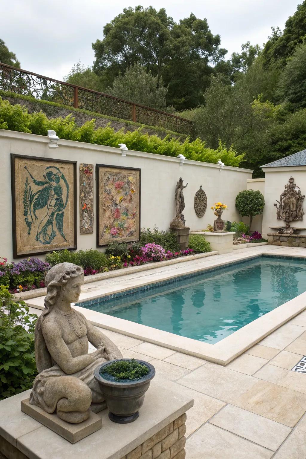 Artistic accents adding personality to the poolside