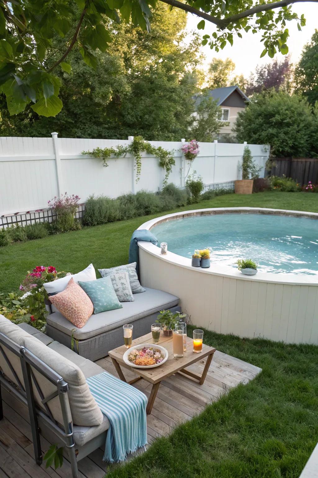 Built-in seating offers comfort and style around pools.